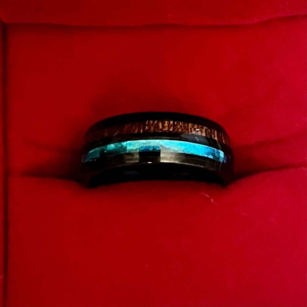TUTISS Tungsten Koa Wood Blue Opal Titanium Steel 6mm Band Size 8